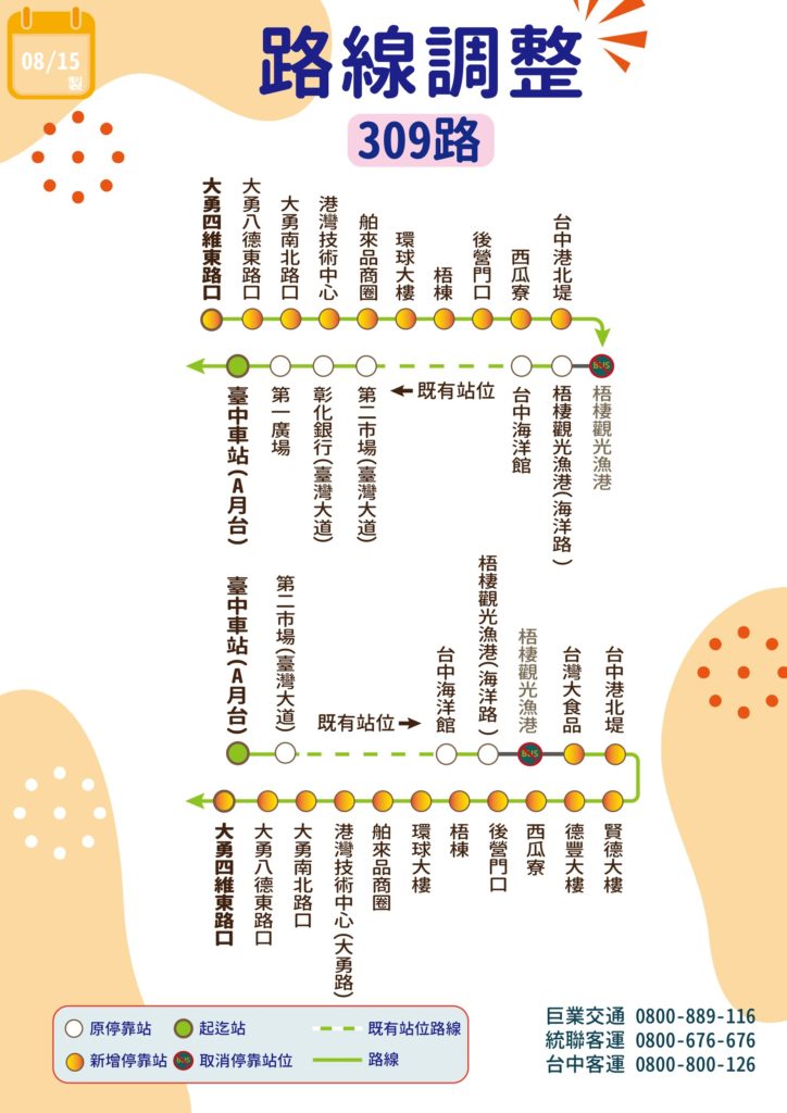 [巨業]臺中309路，路線調整 - ibus | 台灣愛巴士交通聯盟